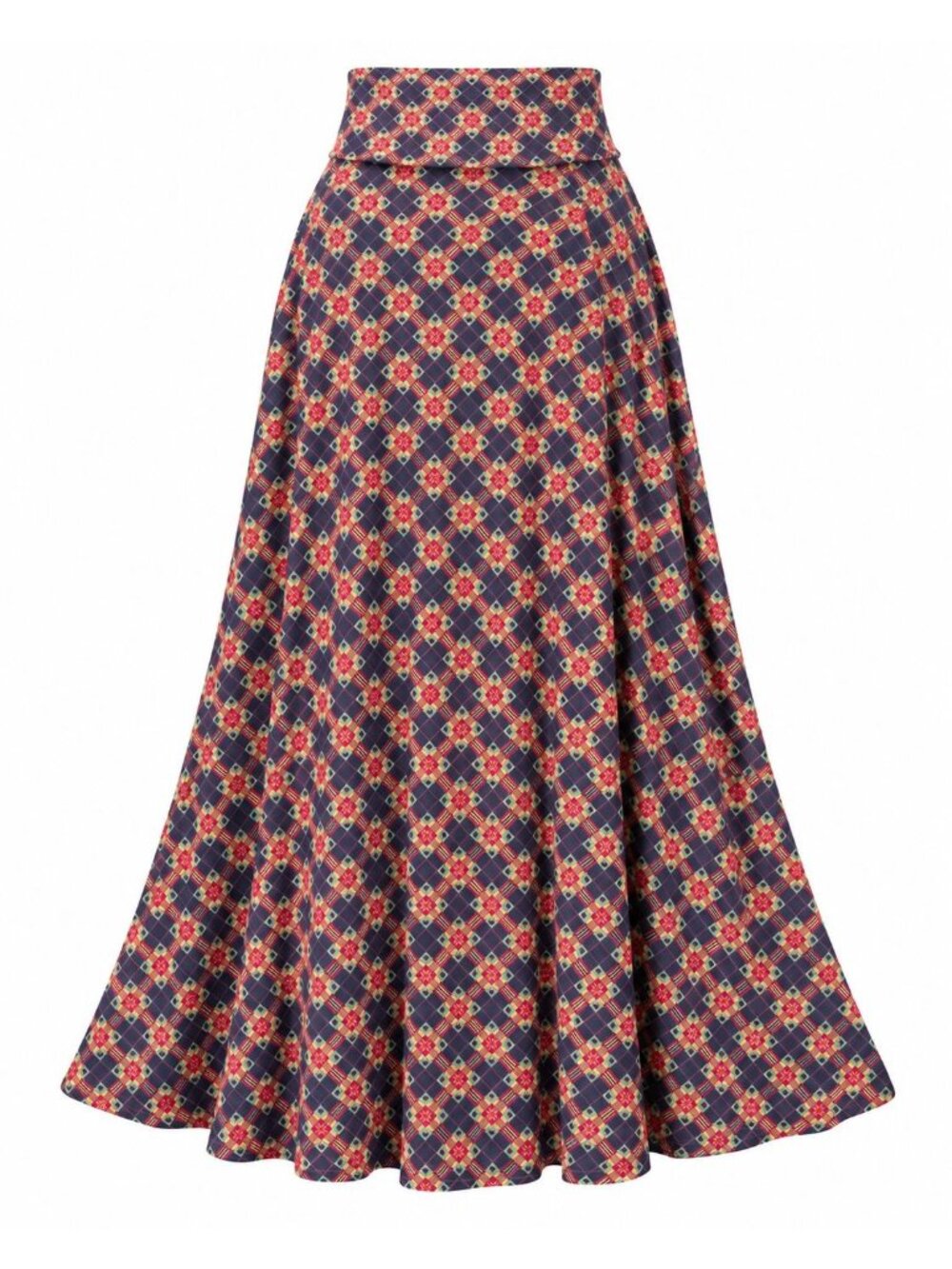 LuLaRoe S Navy Multicolor Plaid Maxi Skirt Fold Over Waist Stretch Flared Casual